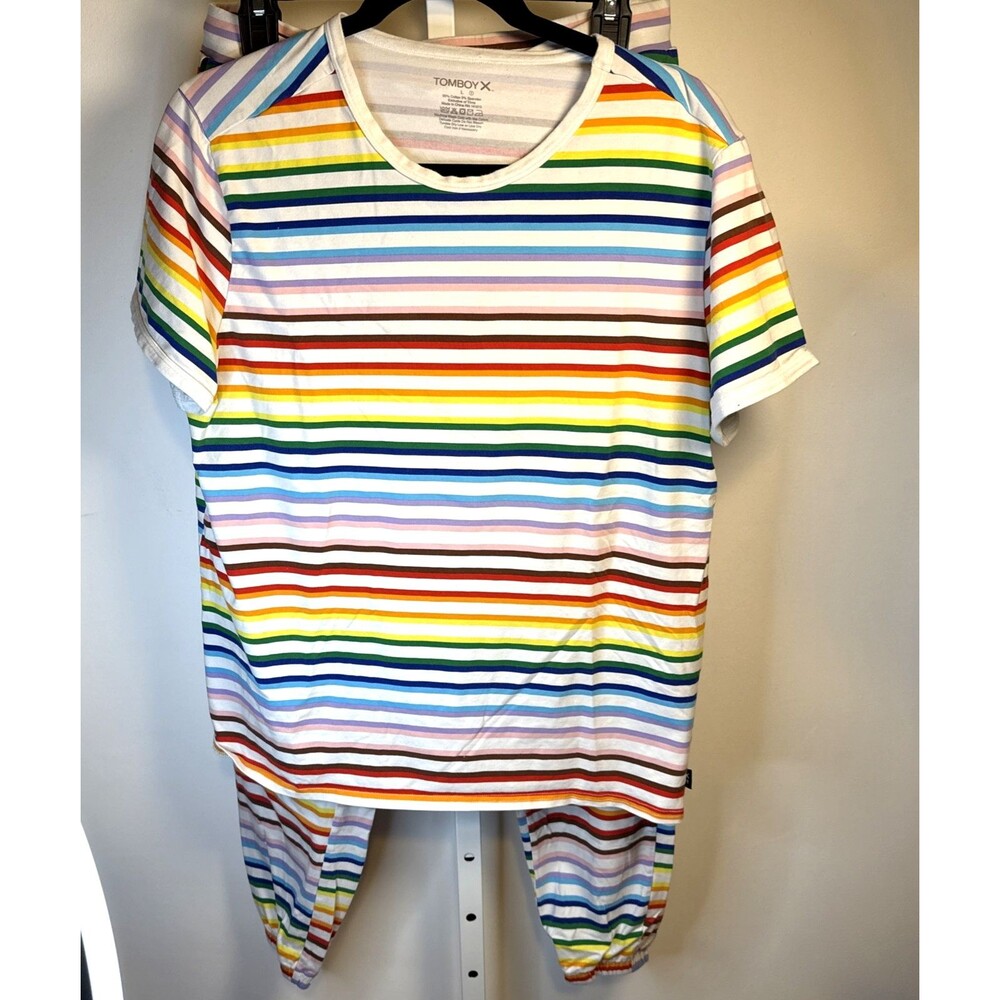 TomboyX Rainbow Striped Cotton Blend Jersey top/pants Loungewear Jogger Set L/M*